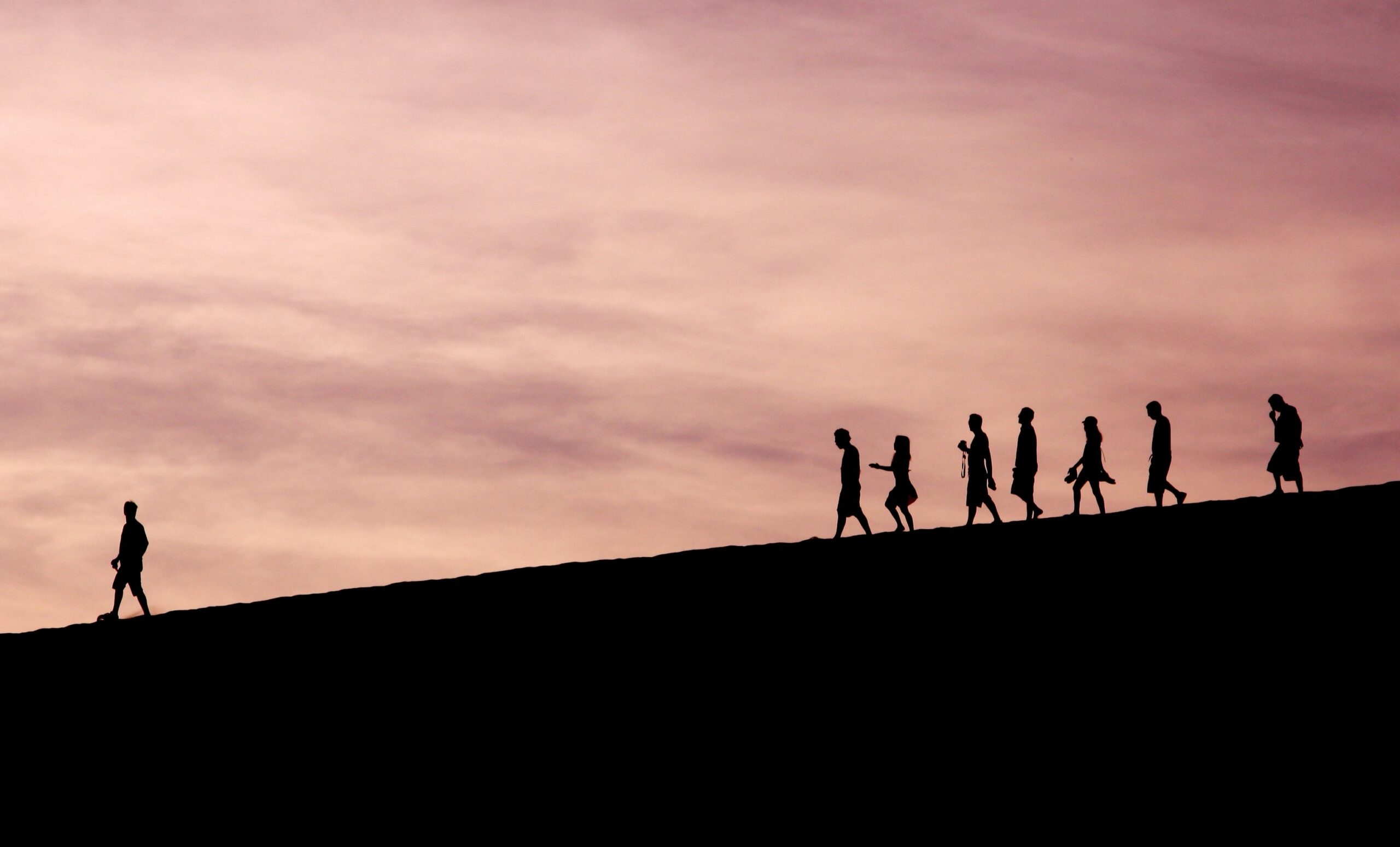 silhouette of people on hill with one person in the lead